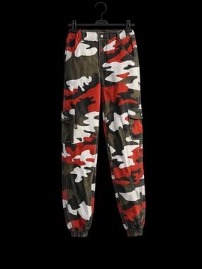 Kids Red Black White Camo Cargo Jogger Pants Size 160 (Youth XL 14-16)